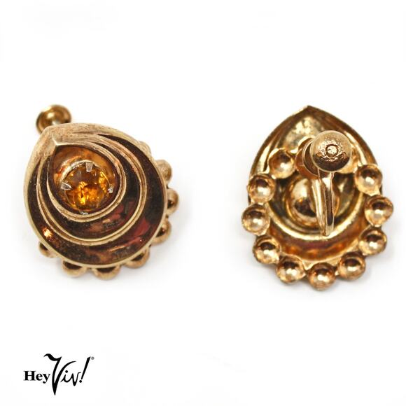 Vintage Screw Back Earrings Gold Ornate Curved Design Rhinestone 1.25" - Hey Viv - Picture 3 of 4